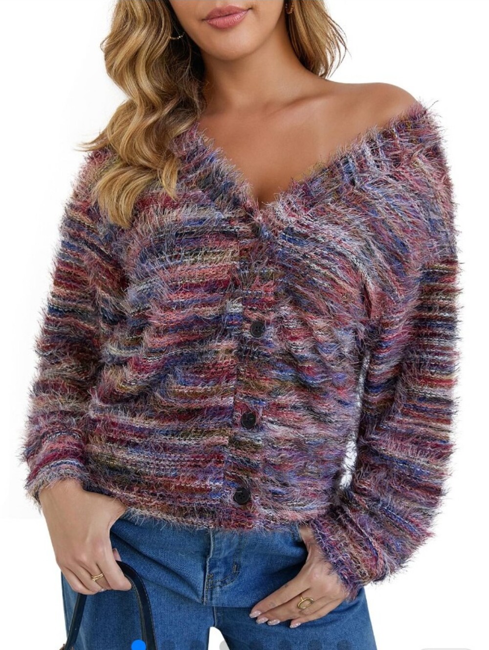 Chunky Fuzzy Knit Multicolor Cardigan Sweater